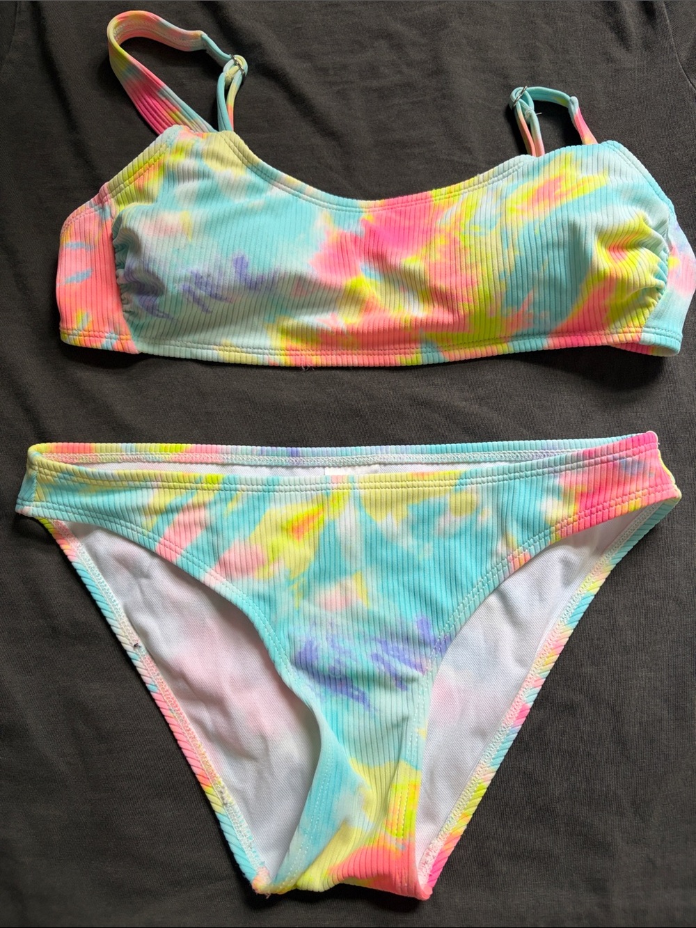 Womens Tie-Dye Ribbed Bikini Top - Blue, Pink & Yellow